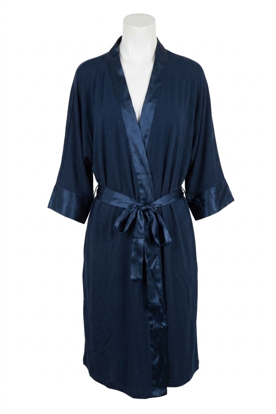NEW PJ HARLOW shala knit robe with pockets and satin trim in navy